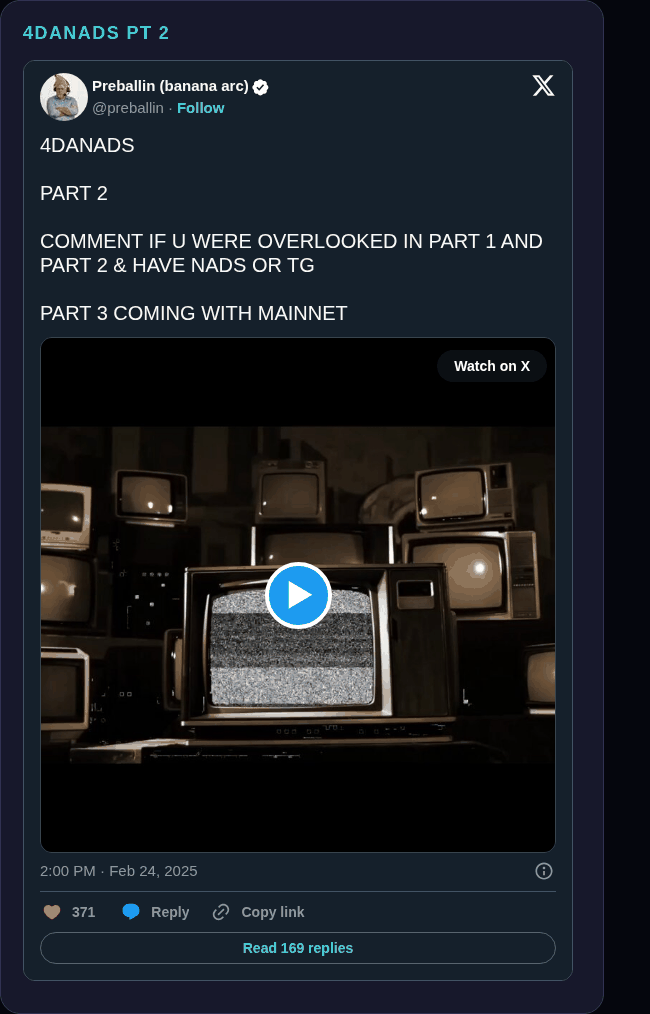 Preballin tweet embed screenshot showing the 4DANADS part two video starting frame