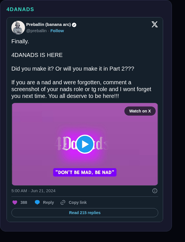 Doctor Preballin tweet embed screenshot showing the 4DANADS video starting frame