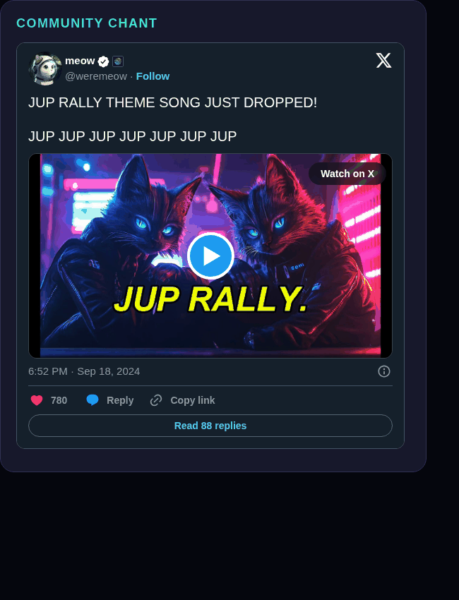 Meow tweet embed screenshot showing the community chant video starting frame