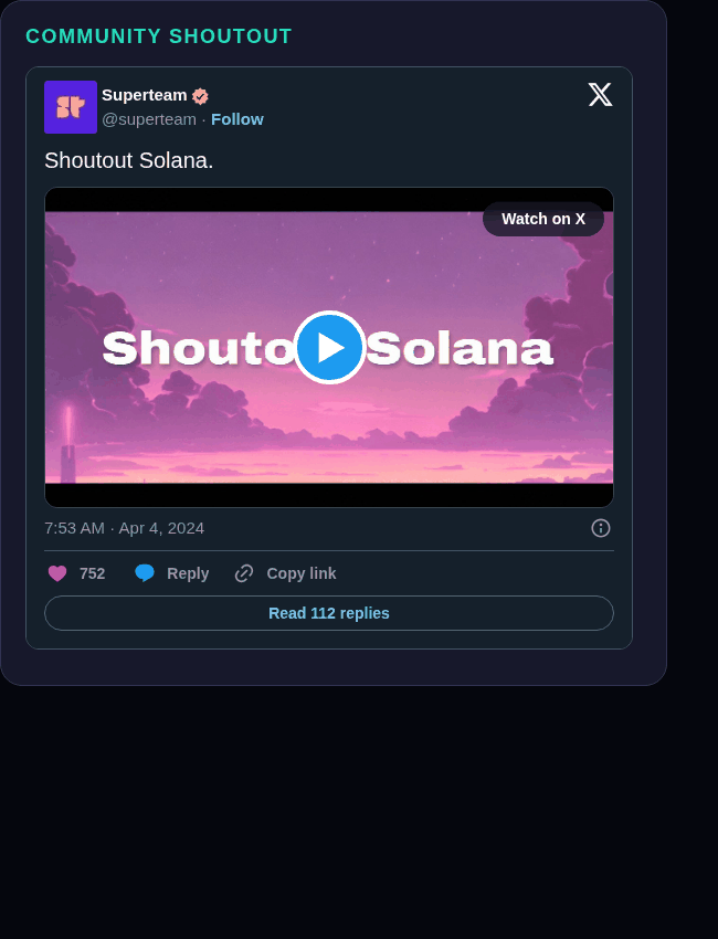 Superteam tweet embed screenshot showing the community shoutout video starting frame