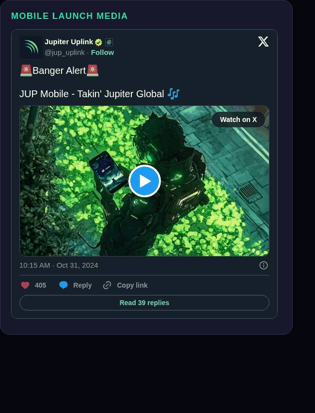 Jupiter Uplink tweet embed screenshot showing the mobile launch media starting frame