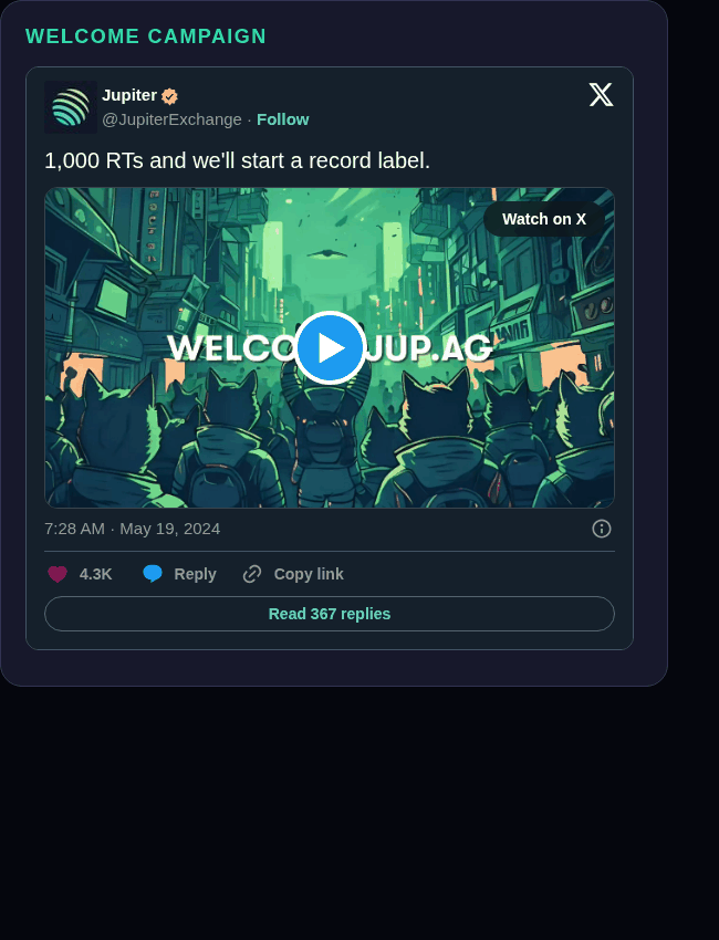 Jupiter tweet embed screenshot showing the Welcome campaign video starting frame